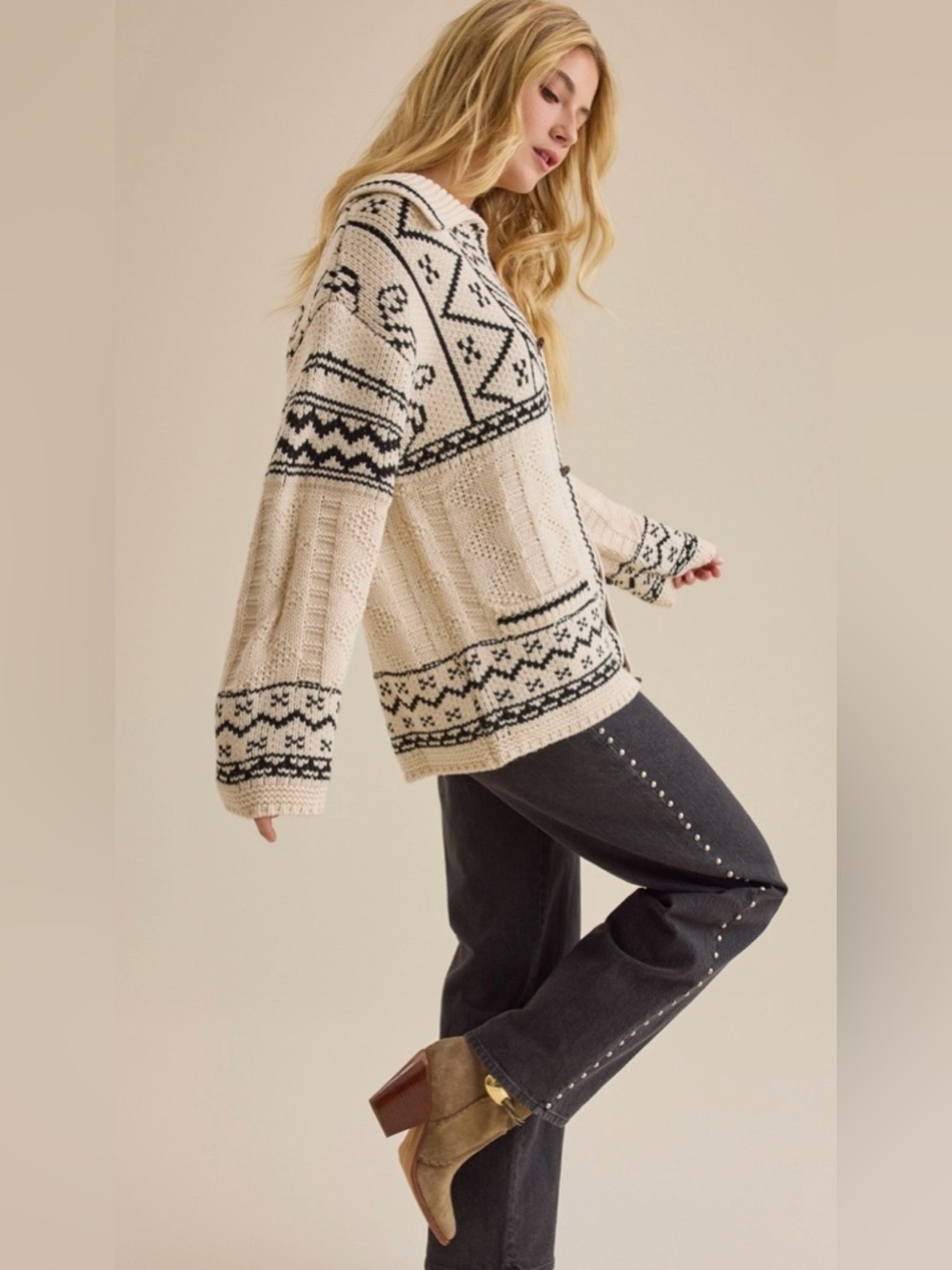 Altar'd State Naya Fair Isle Cardigan Cream Black Chunky Knit - Picture 2 of 10